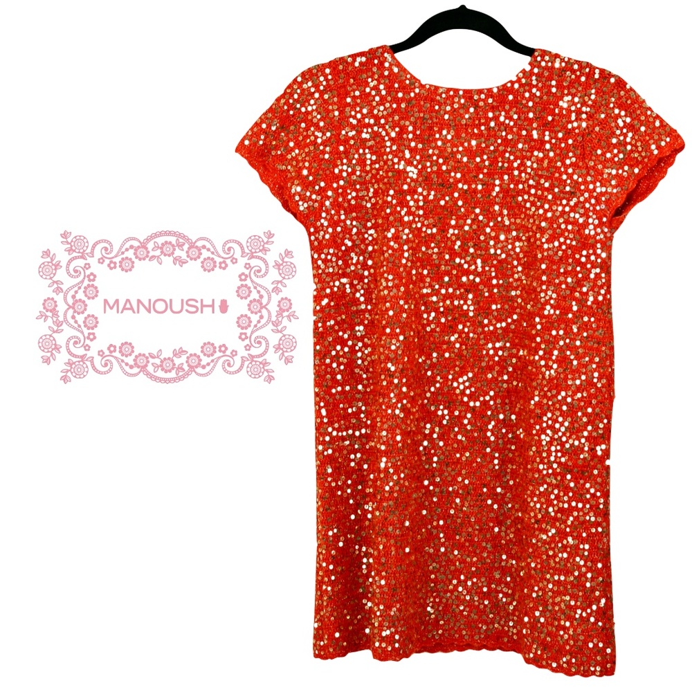 MANOUSH Orange Gold Sequin Wool-Blend Knit Sweater Dress Vintage
